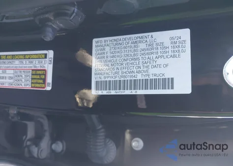 2024 Honda Ridgeline Sport z USA, uszkodzony, nr VIN 5FPYK3F12RB019542